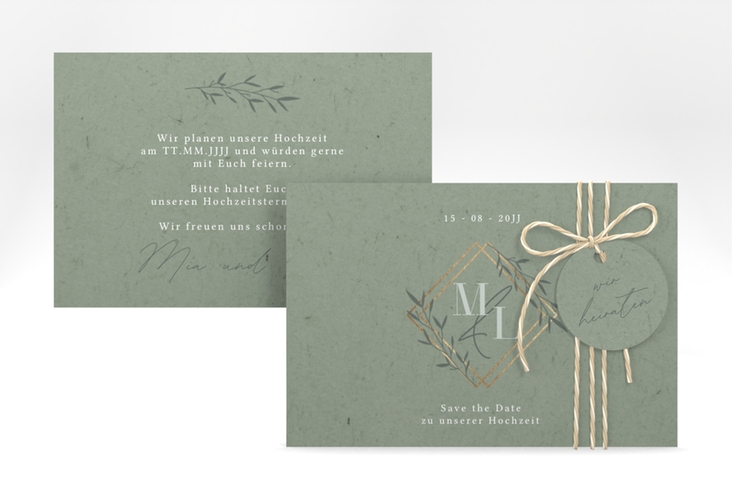 Save the Date-Karte Greenletter A6 Karte quer mit Initialen in elegantem Goldrahmen mit Blättern