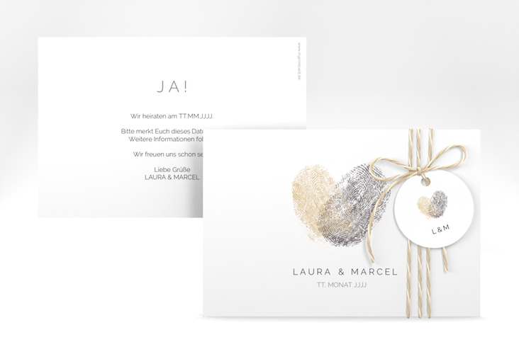 Save the Date-Karte Fingerprint A6 Karte quer beige schlicht mit Fingerabdruck-Motiv