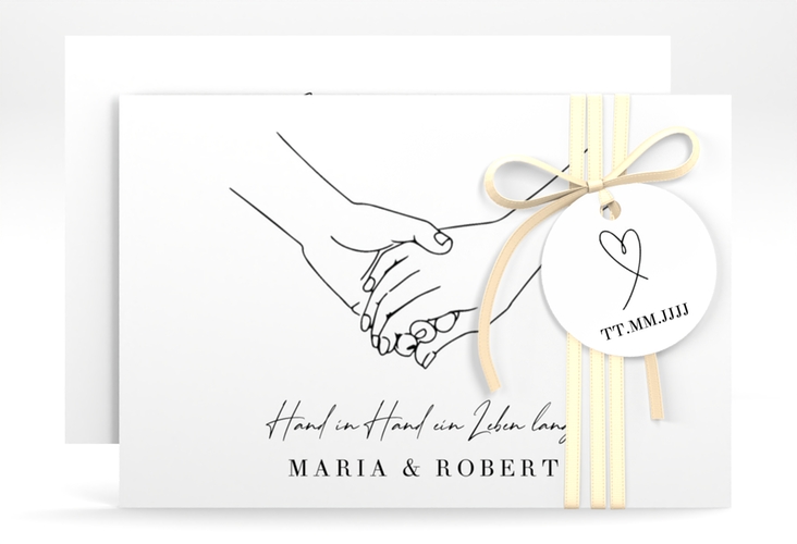Save the Date-Karte Hands A6 Karte quer weiss mit sich haltenden Händen im Monoline-Stil