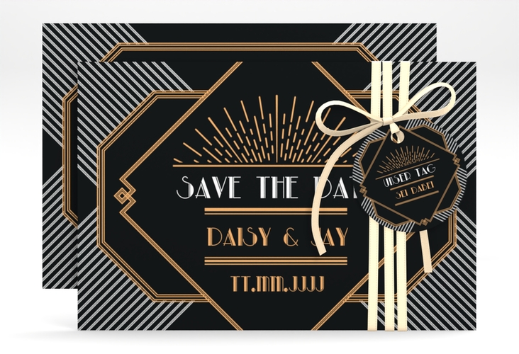Save the Date-Karte Hochzeit Gatsby A6 Karte quer schwarz im 20er-Jahre-Stil