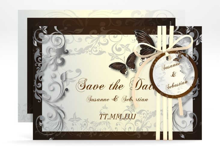 Save the Date-Karte Hochzeit Toulouse A6 Karte quer braun hochglanz romantisch mit Schmetterlingen