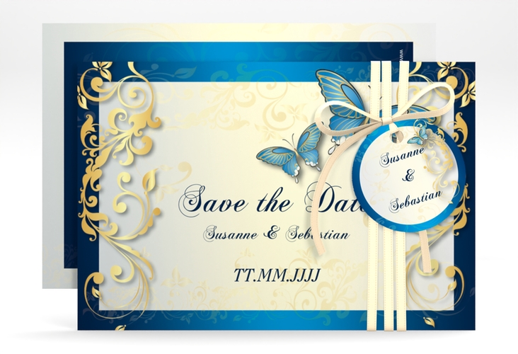 Save the Date-Karte Hochzeit Toulouse A6 Karte quer blau hochglanz romantisch mit Schmetterlingen