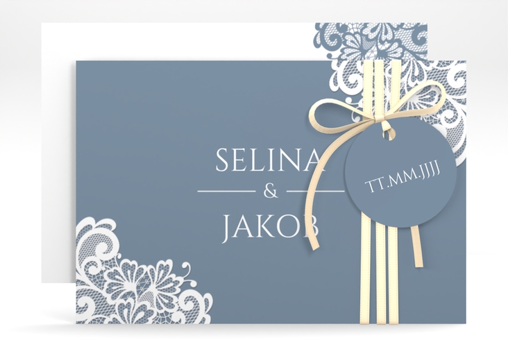 Save the Date-Karte Vintage A6 Karte quer blau hochglanz mit floraler Spitze