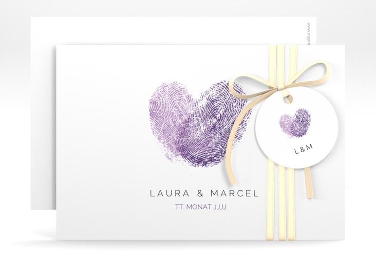 Save the Date-Karte Fingerprint A6 Karte quer lila schlicht mit Fingerabdruck-Motiv