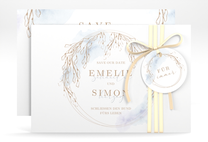 Save the Date-Karte Wisteria A6 Karte quer blau mit Blumenbogen aus Blauregen