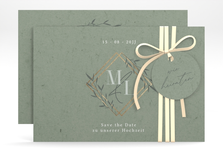 Save the Date-Karte Greenletter A6 Karte quer mit Initialen in elegantem Goldrahmen mit Blättern