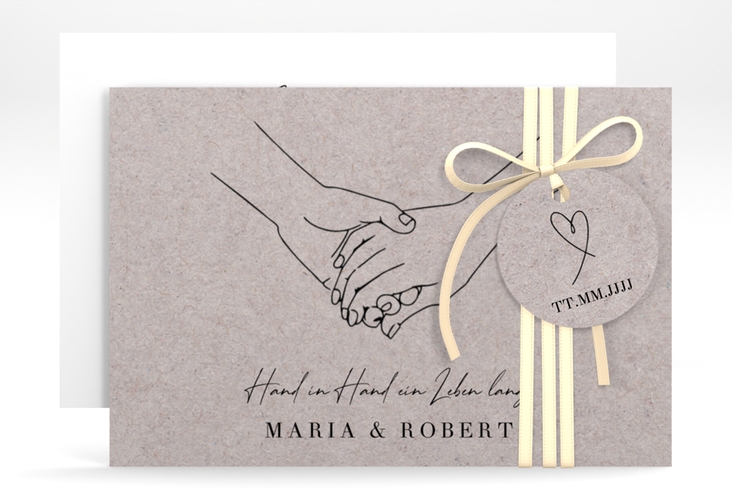 Save the Date-Karte Hands A6 Karte quer Kraftpapier mit sich haltenden Händen im Monoline-Stil