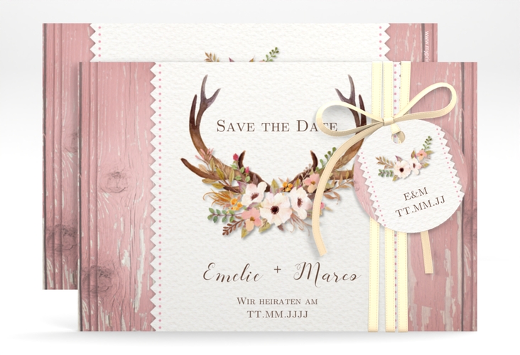 Save the Date-Karte Hochzeit Heimatjuwel A6 Karte quer mit Hirschgeweih und Holz-Hintergrund