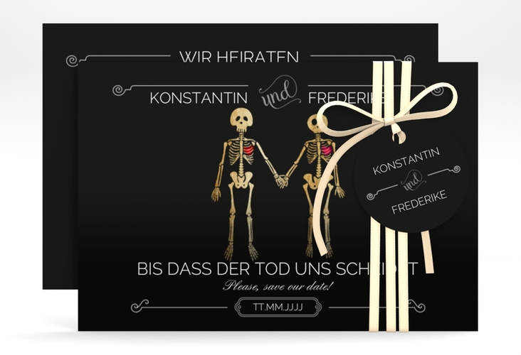 Save the Date-Karte "Bones" DIN A6 quer lustig mit Skelett-Brautpaar
