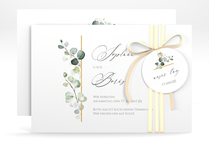 Save the Date-Karte Adelya A6 Karte quer weiss hochglanz elegant mit Eukalyptus-Motiv