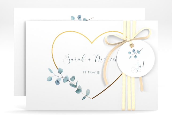 Save the Date-Karte Greenheart A6 Karte quer hochglanz mit elegantem Herz und Eukalyptus-Zweig