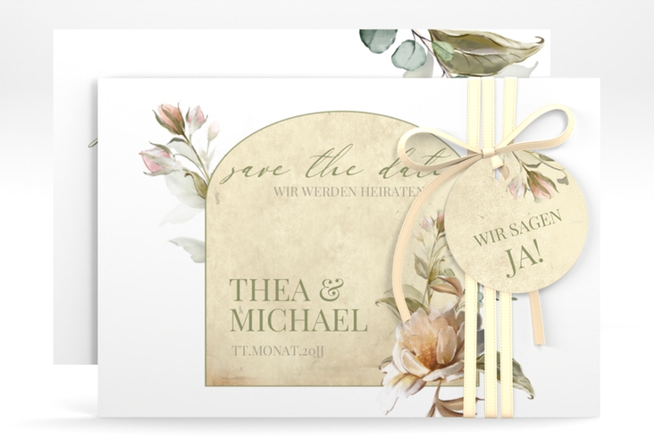 Save the Date-Karte Dornröschen A6 Karte quer weiss mit Aquarell-Rosen im Vintage-Look