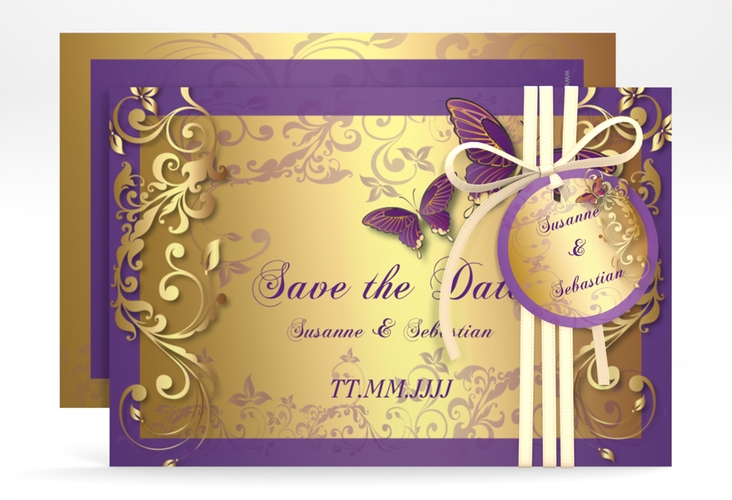 Save the Date-Karte Hochzeit Toulouse A6 Karte quer lila hochglanz romantisch mit Schmetterlingen