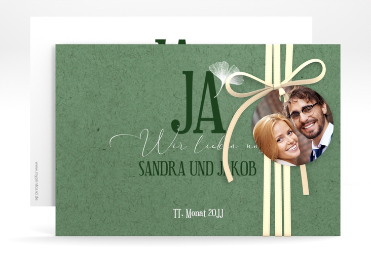 Save the Date-Karte Ja A6 Karte quer gruen hochglanz mit Ginkgo-Blatt
