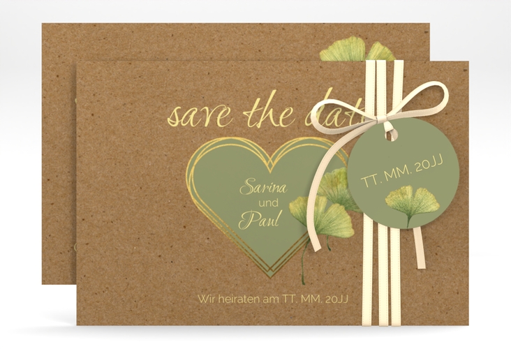 Save the Date-Karte Ginko A6 Karte quer Kraftpapier hochglanz mit Herz und zwei Ginkgo-Blättern