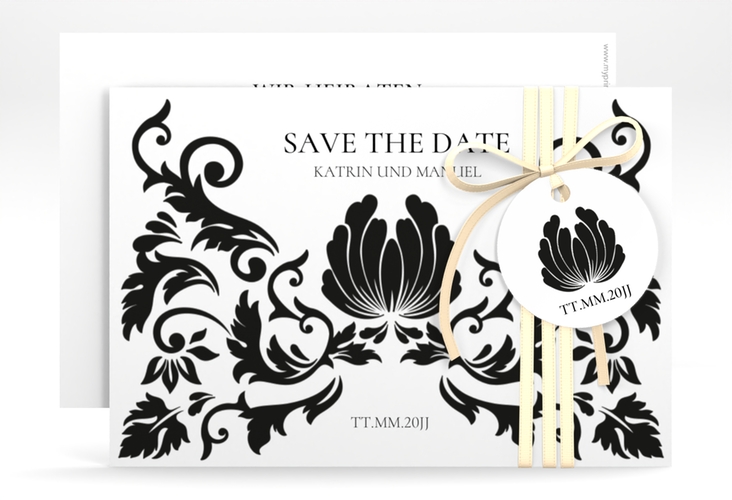 Save the Date-Karte Royal A6 Karte quer weiss mit barockem Blumen-Ornament