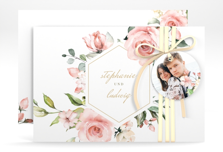 Save the Date-Karte Graceful A6 Karte quer weiss mit Rosenblüten in Rosa und Weiß