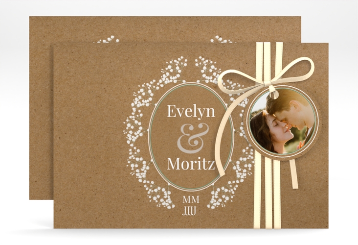 Save the Date-Karte Gypsophila A6 Karte quer im Vintage-Stil mit Blumenkranz aus Schleierkraut