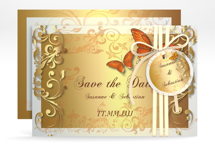 Save the Date-Karte Hochzeit Toulouse A6 Karte quer orange hochglanz romantisch mit Schmetterlingen