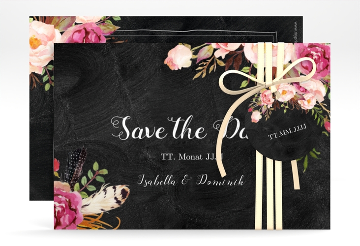 Save the Date-Karte Flowers A6 Karte quer schwarz hochglanz mit bunten Aquarell-Blumen