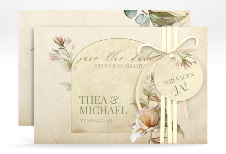Save the Date-Karte Dornröschen A6 Karte quer mit Aquarell-Rosen im Vintage-Look