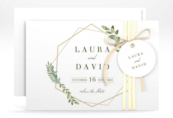 Save the Date-Karte Herbarium A6 Karte quer mit geometrischem Rahmen und Blätter-Dekor