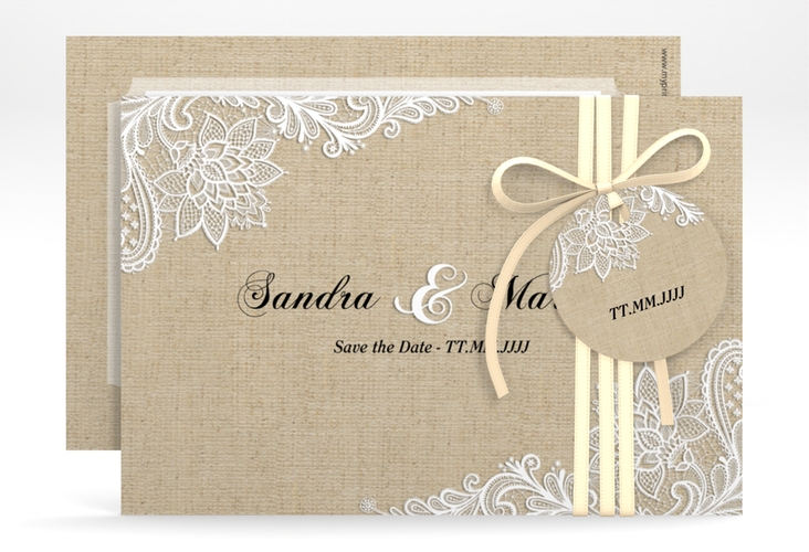 Save the Date-Karte Lace A6 Karte quer in Leinen-Optik mit weißer Spitze