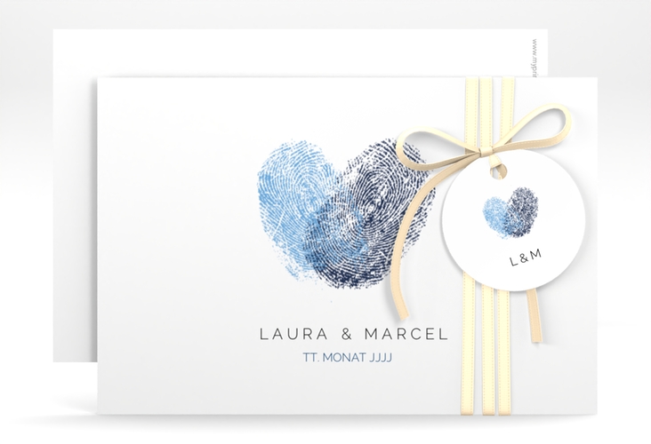 Save the Date-Karte Fingerprint A6 Karte quer blau schlicht mit Fingerabdruck-Motiv