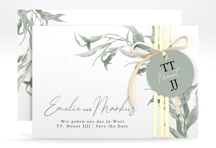 Save the Date-Karte Eucalyptus Green A6 Karte quer weiss hochglanz