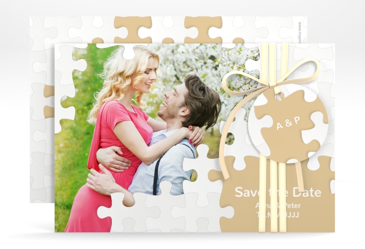 Save the Date-Karte Hochzeit Puzzle A6 Karte quer beige hochglanz