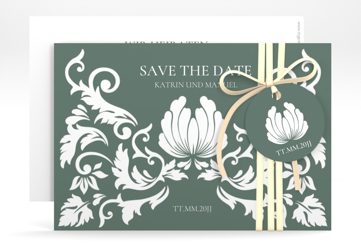 Save the Date-Karte Royal A6 Karte quer gruen hochglanz mit barockem Blumen-Ornament