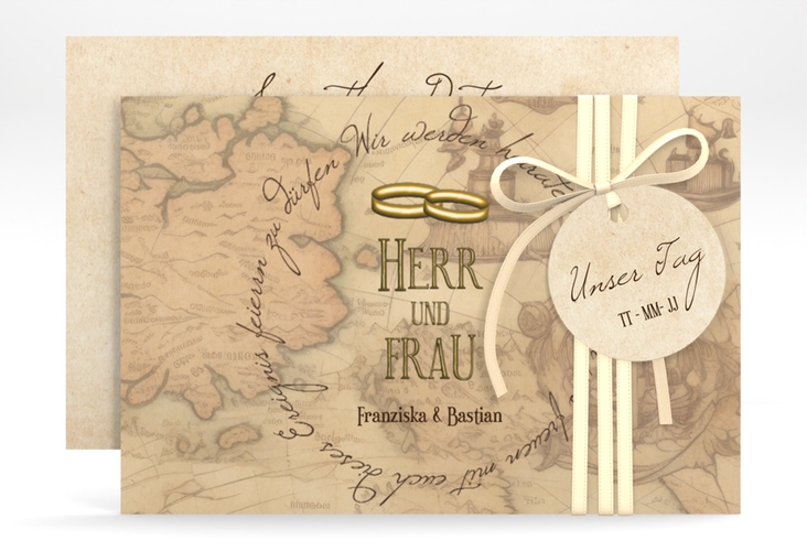 Save the Date-Karte Zwei Ringe A6 Karte quer beige mit Eheringen und Fantasy-Landkarte