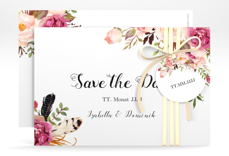 Save the Date-Karte Flowers A6 Karte quer weiss mit bunten Aquarell-Blumen