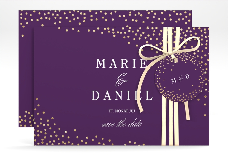 Save the Date-Karte Glitter A6 Karte quer lila hochglanz