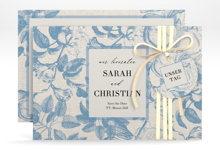Save the Date-Karte Toile A6 Karte quer mit Blättermuster im Toile-de-Jouy-Stil