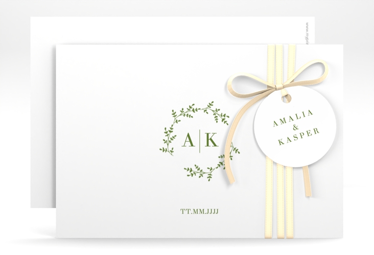 Save the Date-Karte Filigrana A6 Karte quer gruen in reduziertem Design mit Initialen und zartem Blätterkranz
