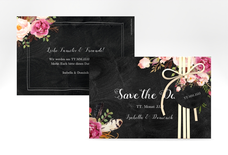 Save the Date-Karte Flowers A6 Karte quer schwarz hochglanz mit bunten Aquarell-Blumen
