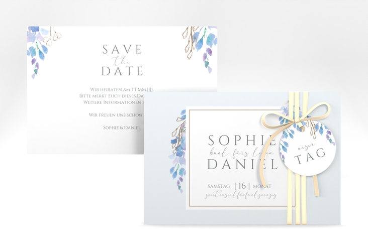 Save the Date-Karte Blauregen A6 Karte quer blau mit Wisteria-Blüten