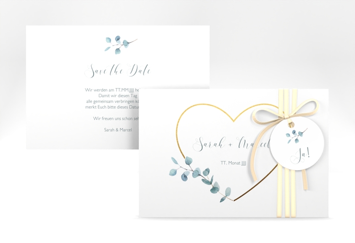Save the Date-Karte Greenheart A6 Karte quer hochglanz mit elegantem Herz und Eukalyptus-Zweig