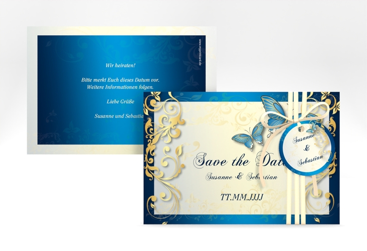 Save the Date-Karte Hochzeit Toulouse A6 Karte quer blau hochglanz romantisch mit Schmetterlingen
