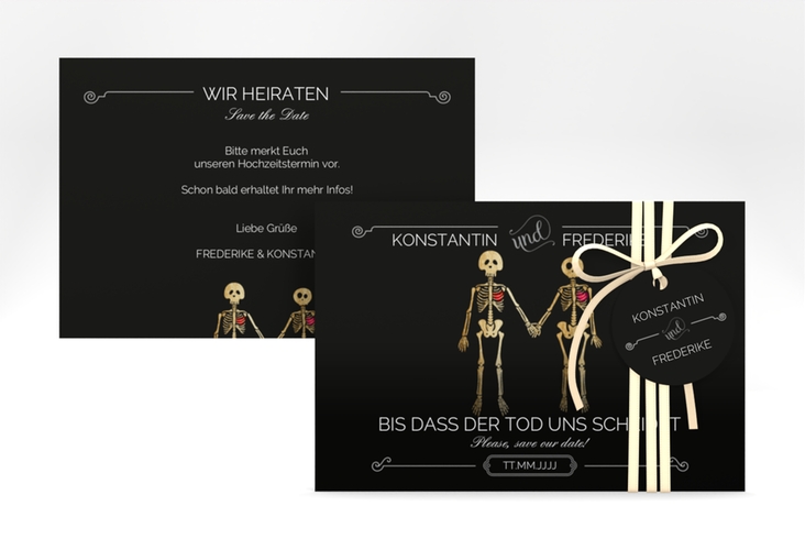 Save the Date-Karte Bones A6 Karte quer lustig mit Skelett-Brautpaar