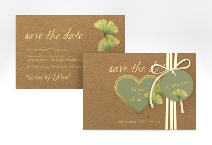 Save the Date-Karte Ginko A6 Karte quer Kraftpapier hochglanz mit Herz und zwei Ginkgo-Blättern