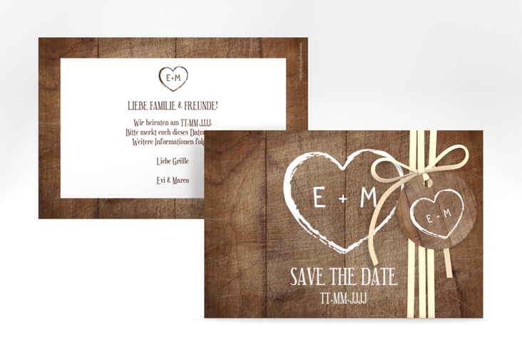 Save the Date-Karte Wood A6 Karte quer hochglanz in Holz-Optik mit Herz und Initialen