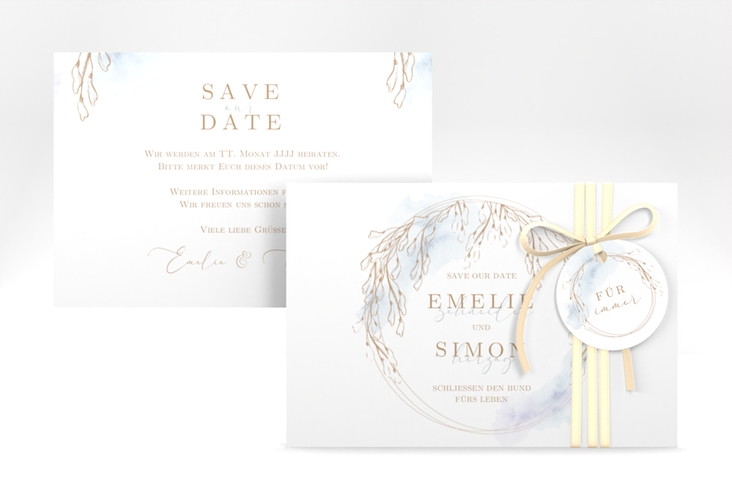 Save the Date-Karte Wisteria A6 Karte quer blau mit Blumenbogen aus Blauregen