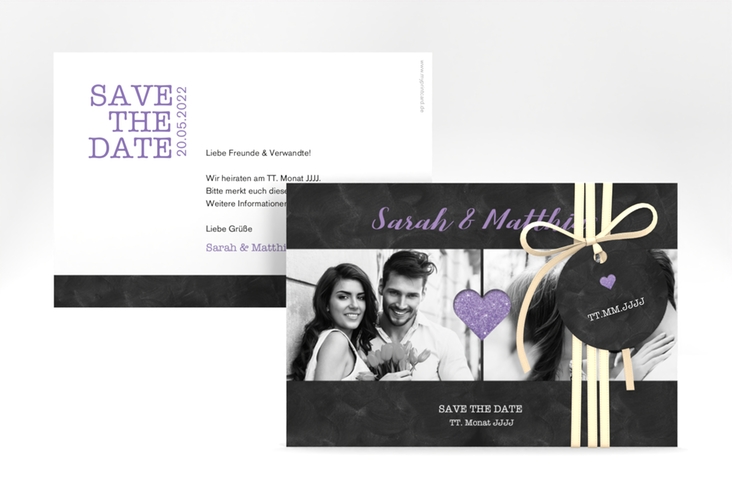 Save the Date-Karte Sparkly A6 Karte quer lila hochglanz