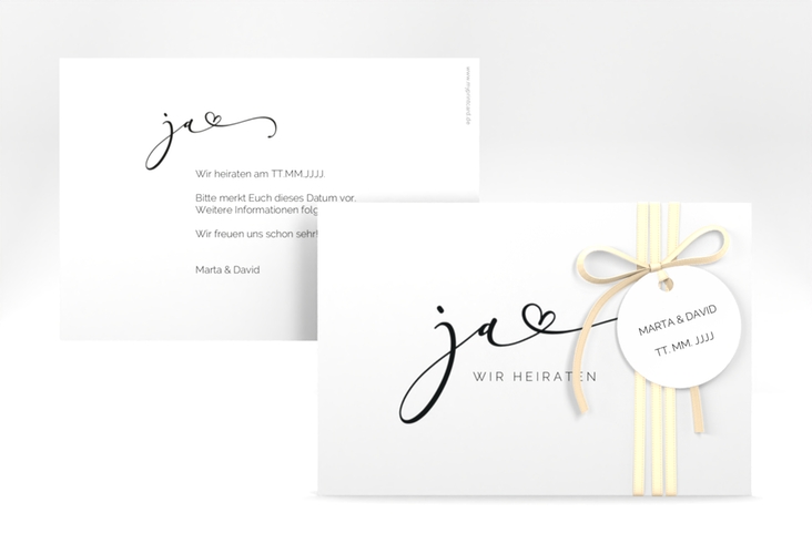 Save the Date-Karte Jawort A6 Karte quer weiss hochglanz modern minimalistisch mit veredelter Aufschrift