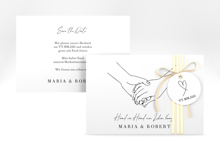 Save the Date-Karte Hands A6 Karte quer weiss mit sich haltenden Händen im Monoline-Stil