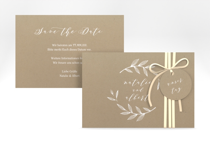 Save the Date-Karte Naturelove A6 Karte quer weiss hochglanz in Kraftpapier-Optik mit Blattzeichnung