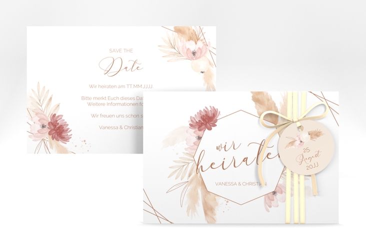 Save the Date-Karte Bohostyle A6 Karte quer beige mit Pampasgras in Aquarell