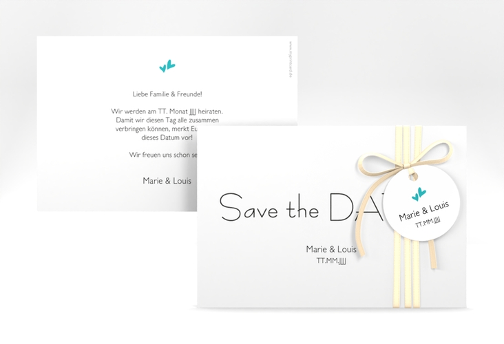 Save the Date-Karte Hochzeit Twohearts A6 Karte quer tuerkis hochglanz